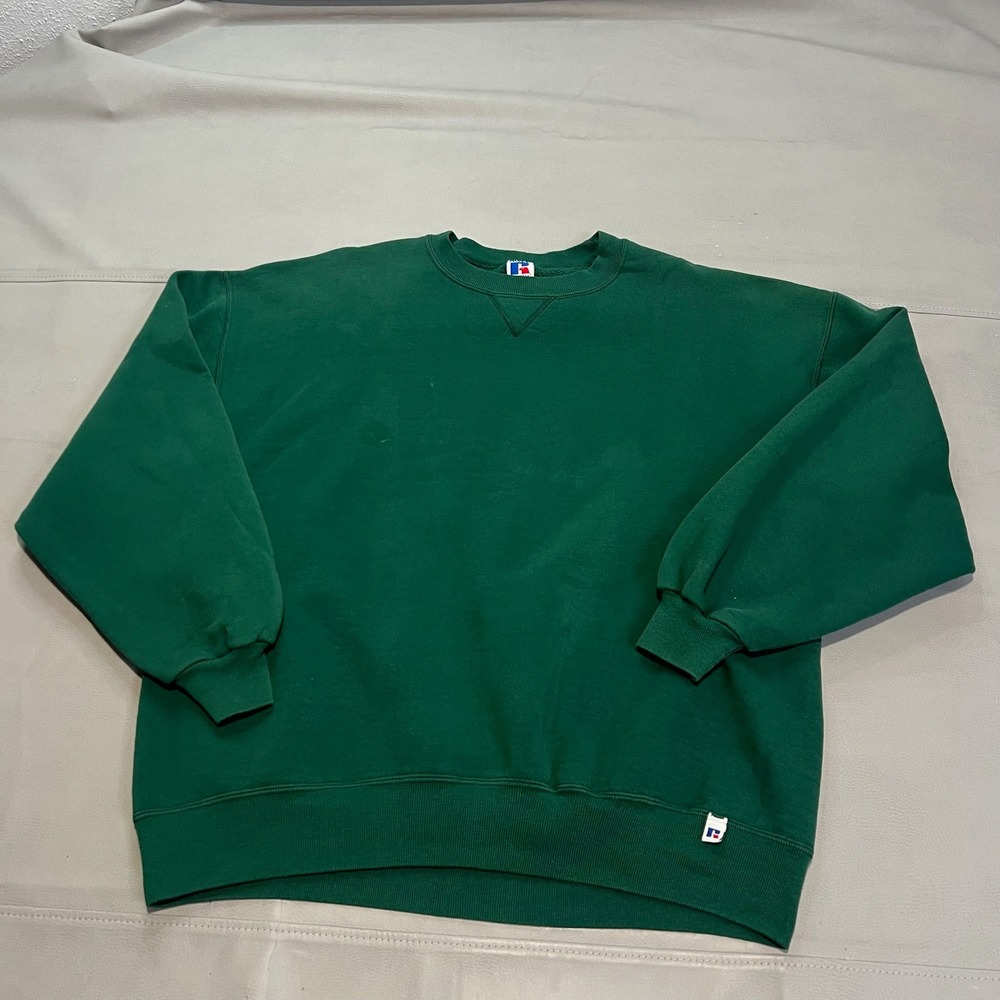 VTG Y2K 90s Russell Athletic Men Green‎ Sweatshirt 2XL Minimal Earthtone Blank-